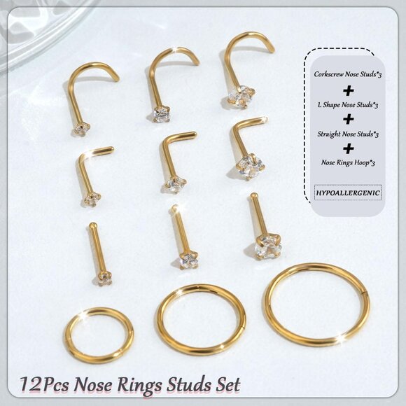 12Pcs Gold Silver Black Hypoallergenic 316L Surgical Steel Nose Jewelry Sets for - Picture 6 of 7
